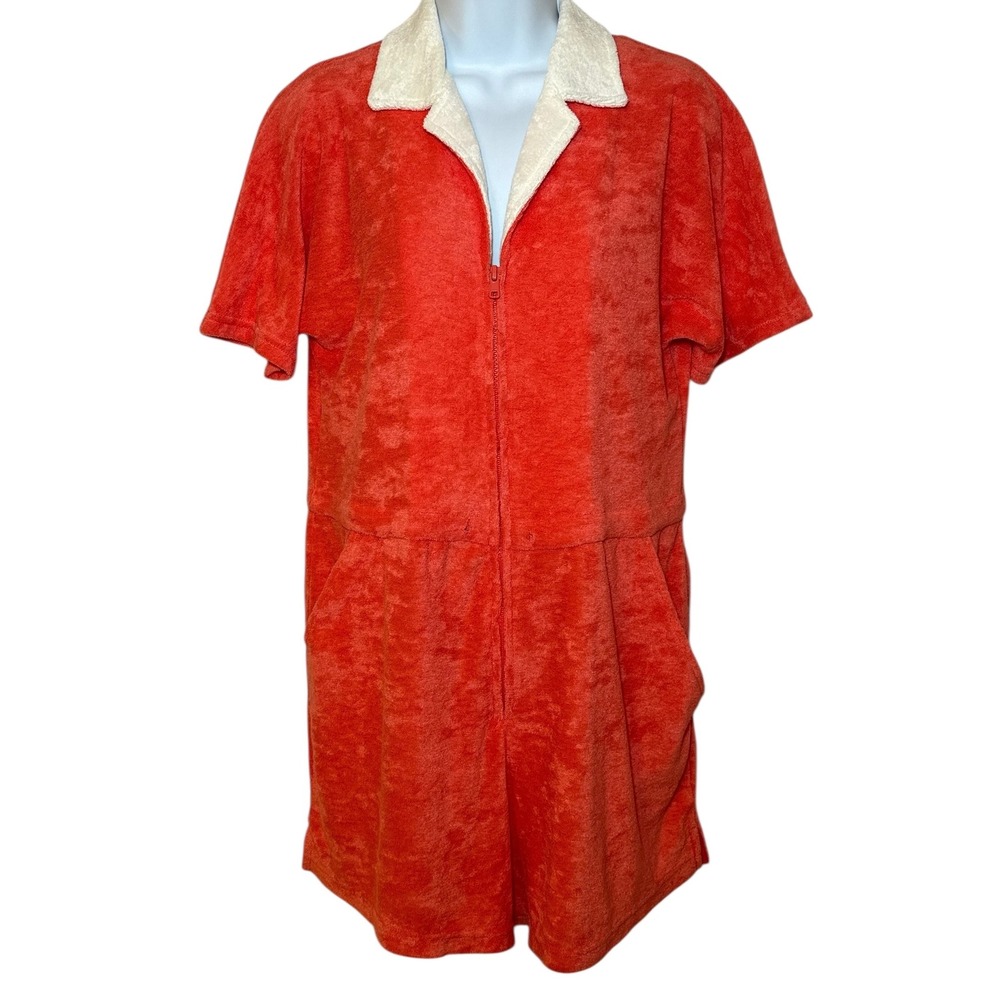 Marine Layer Terry Out Romper Hot Coral Zip Front Short Sleeve Pockets Womens M
